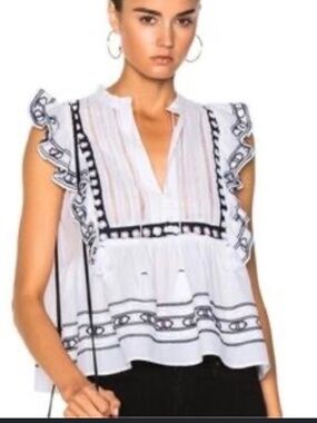 MORGAN CLAIRE | White Embroidered Ruffle Blouse | Size Small